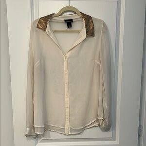 Lane Bryant Cream and Gold Long Sleeve Button Down Blouse